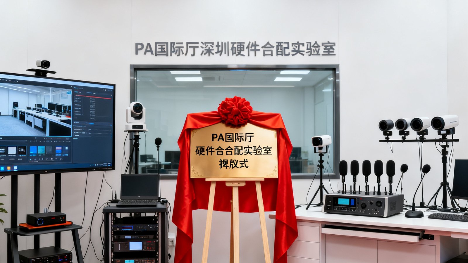 PA国际厅深圳硬件适配实验室揭牌仪式，实验室内部展示了大屏测试设备和各种摄像头、麦克风阵列等硬件。
