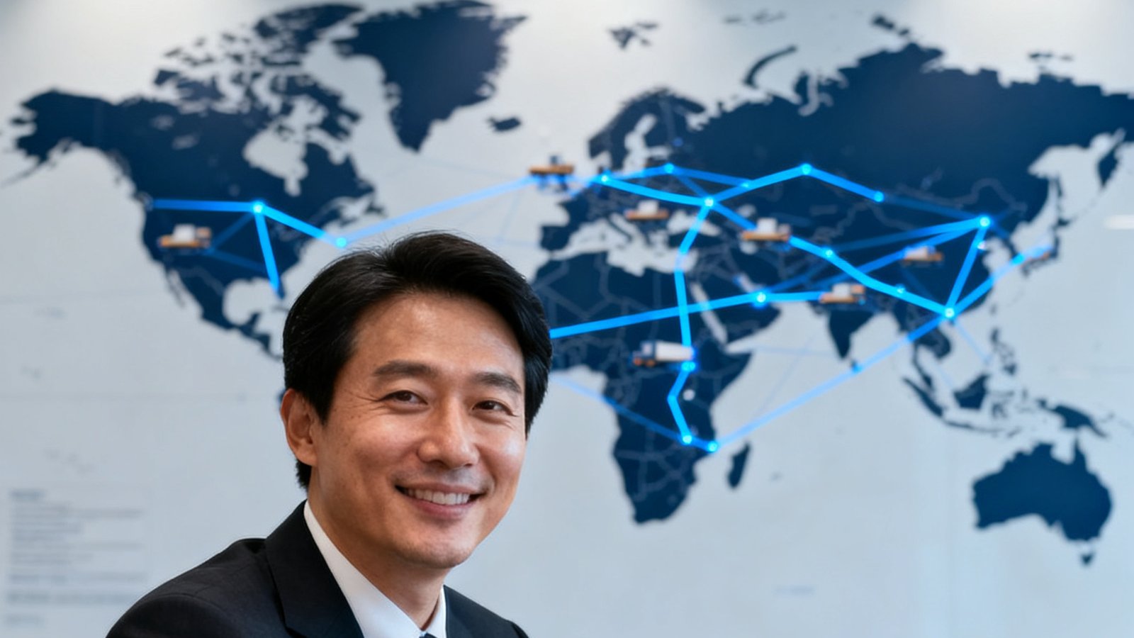 一位跨境电商公司男性CEO的头像，他坐在办公室中，背后是全球物流网络地图。
