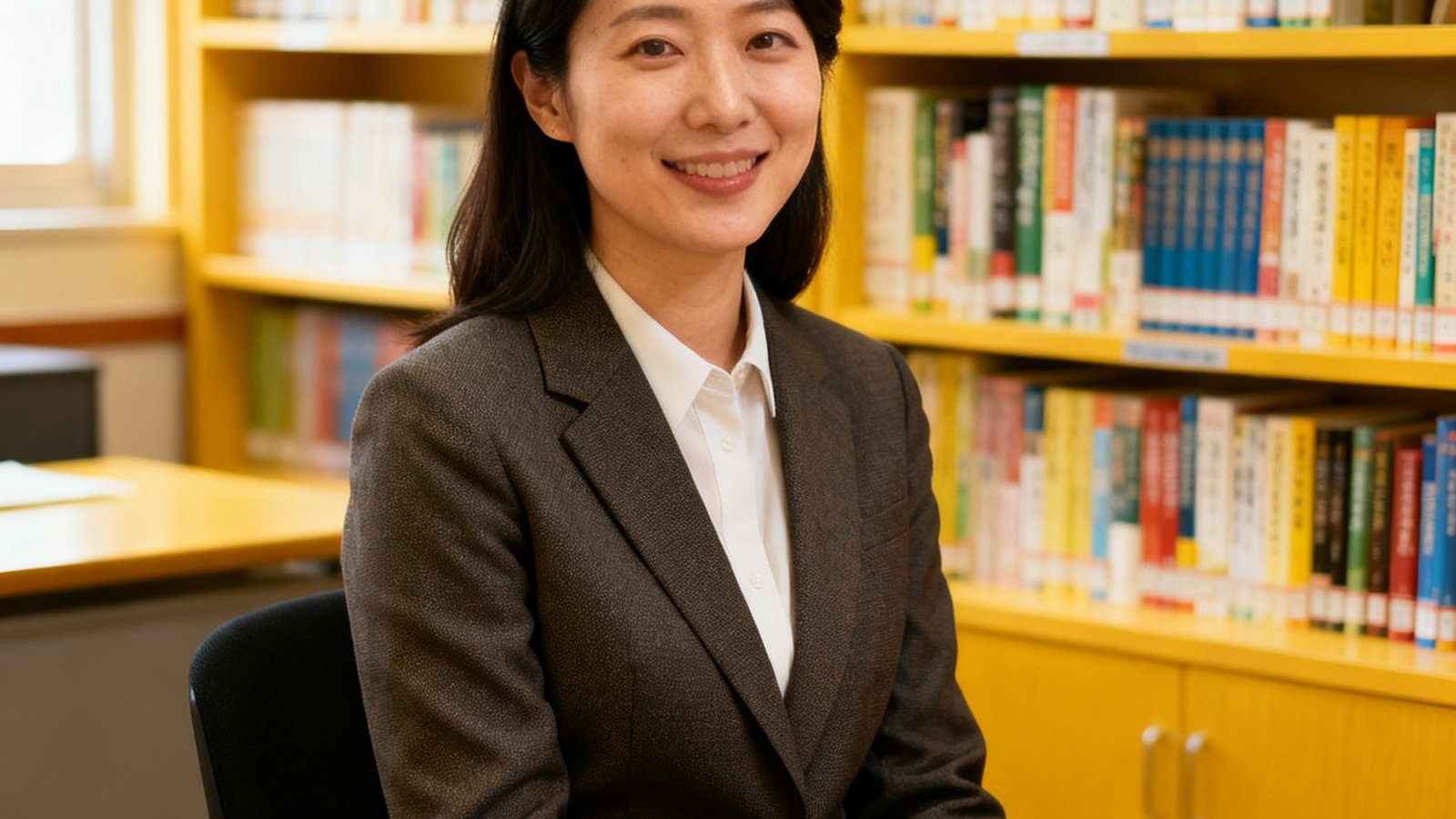 一位高校远程教育中心女性主任的头像，她坐在学校办公室内，书架上摆满了教育类书籍。